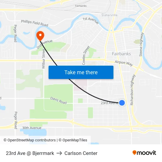 23rd Ave @ Bjerrmark to Carlson Center map