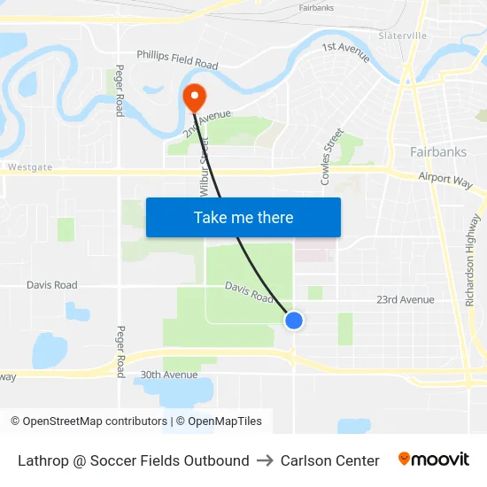 Lathrop @ Soccer Fields Outbound to Carlson Center map