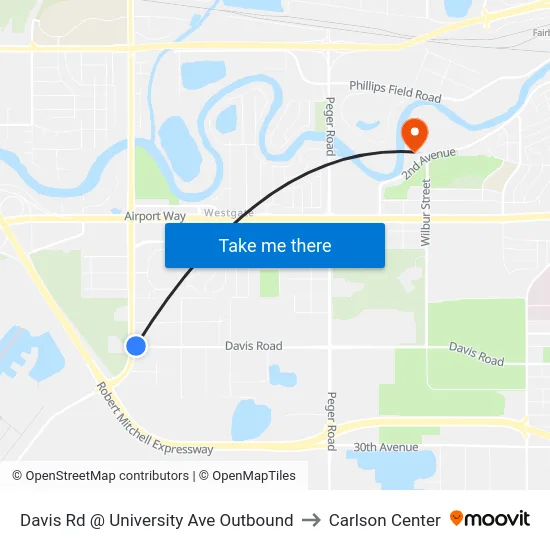 Davis Rd @ University Ave Outbound to Carlson Center map