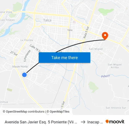 Avenida San Javier Esq. 5 Poniente (Vii Region Del Maule) to Inacap Talca map
