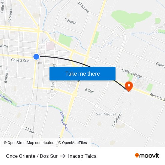 Once Oriente / Dos Sur to Inacap Talca map