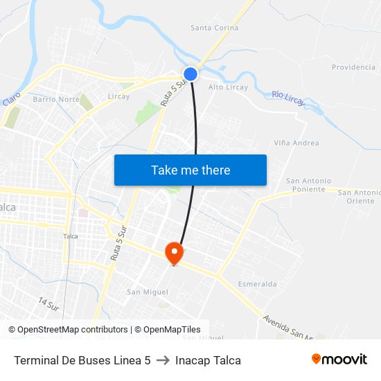 Terminal De Buses Linea 5 to Inacap Talca map