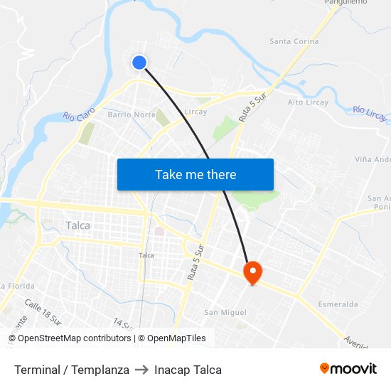 Terminal / Templanza to Inacap Talca map
