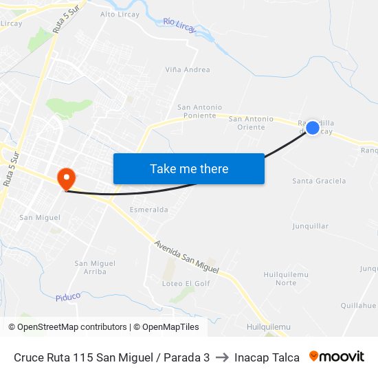 Cruce Ruta 115 San Miguel / Parada 3 to Inacap Talca map