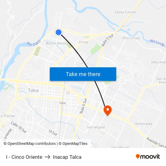 I - Cinco Oriente to Inacap Talca map