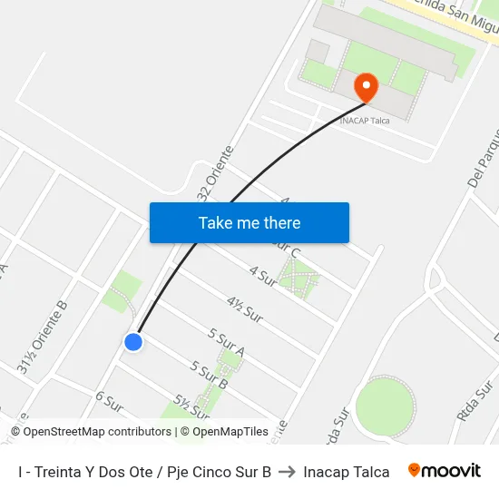 I - Treinta Y Dos Ote / Pje Cinco Sur B to Inacap Talca map