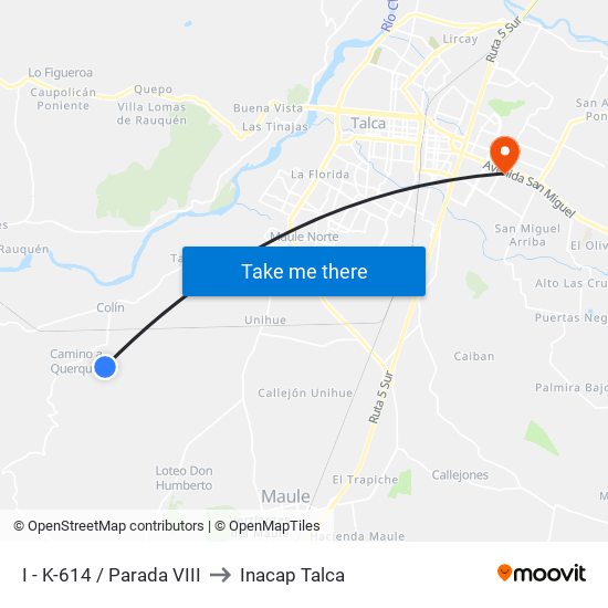 I - K-614 / Parada VIII to Inacap Talca map