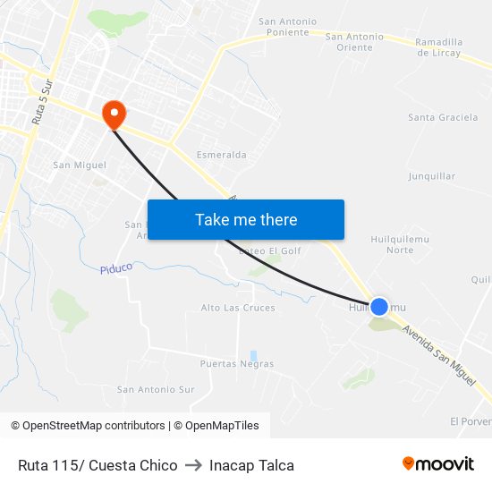 Ruta 115/ Cuesta Chico to Inacap Talca map