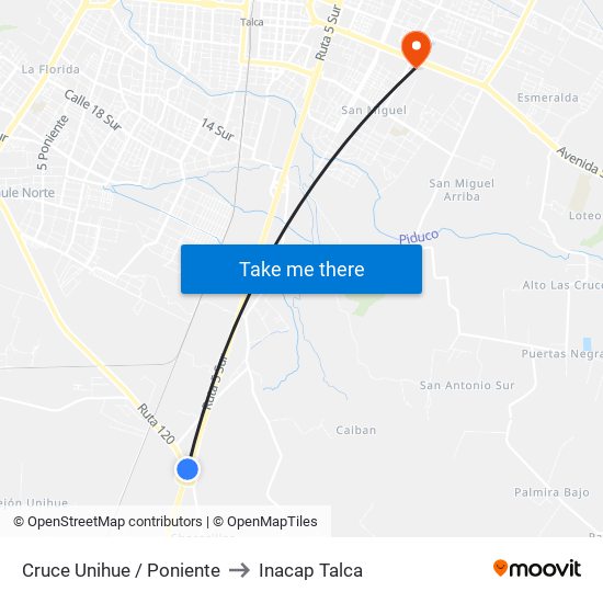 Cruce Unihue / Poniente to Inacap Talca map