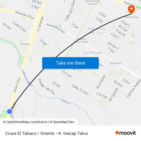 Cruce El Tabaco / Oriente to Inacap Talca map