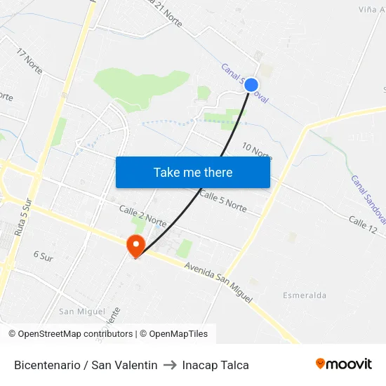 Bicentenario / San Valentin to Inacap Talca map