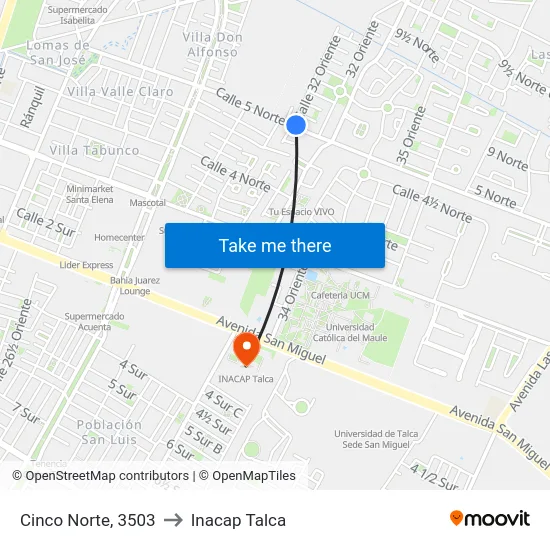 Cinco Norte, 3503 to Inacap Talca map