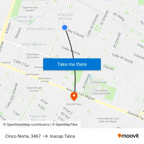 Cinco Norte, 3467 to Inacap Talca map