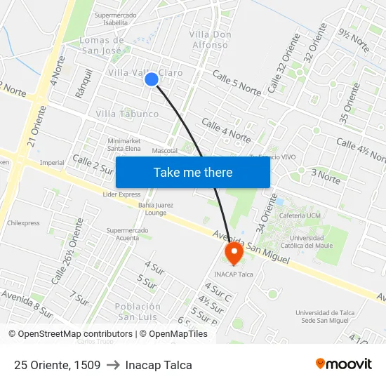 25 Oriente, 1509 to Inacap Talca map
