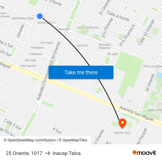 25 Oriente, 1017 to Inacap Talca map