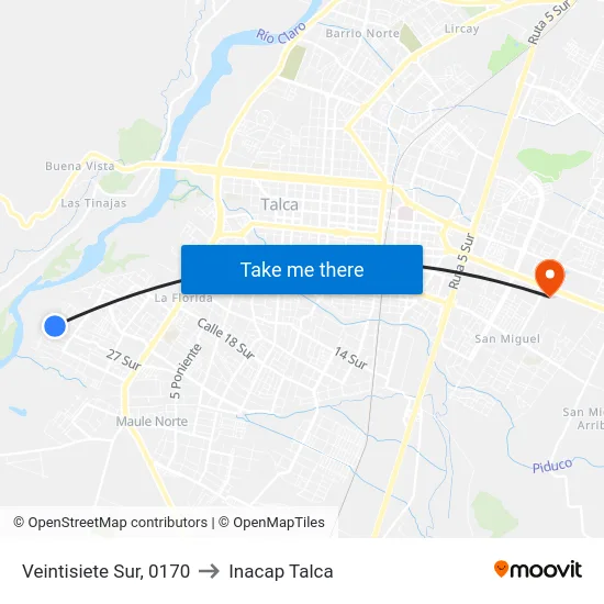 Veintisiete Sur, 0170 to Inacap Talca map