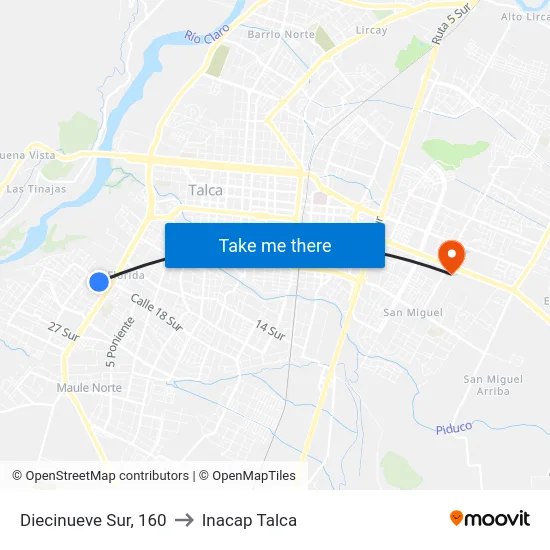 Diecinueve Sur, 160 to Inacap Talca map