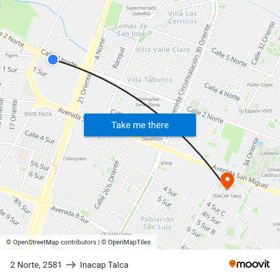 2 Norte, 2581 to Inacap Talca map