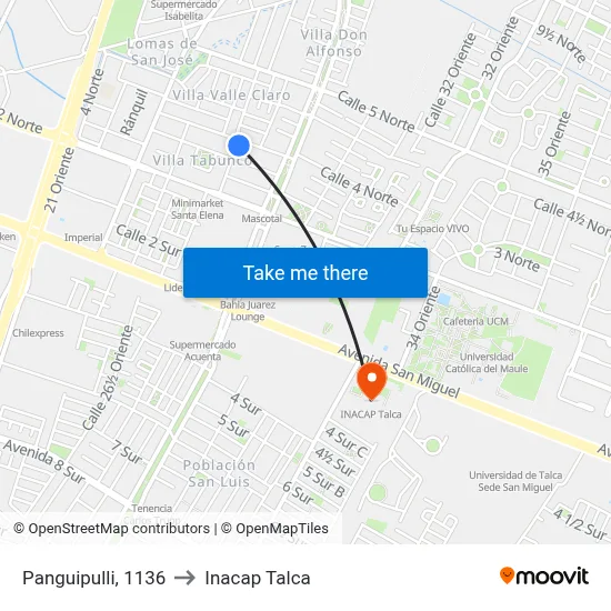 Panguipulli, 1136 to Inacap Talca map