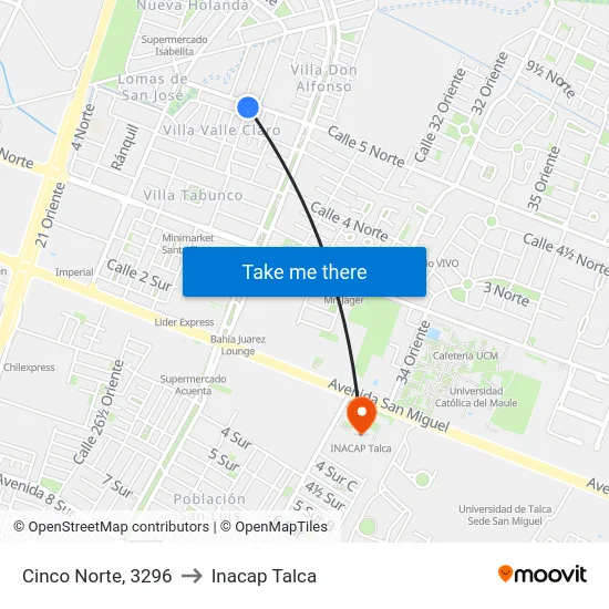 Cinco Norte, 3296 to Inacap Talca map