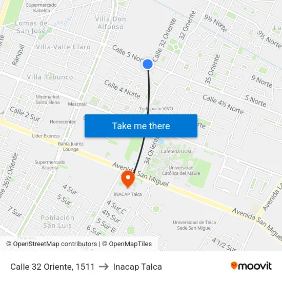 Calle 32 Oriente, 1511 to Inacap Talca map