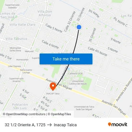 32 1/2 Oriente A, 1725 to Inacap Talca map