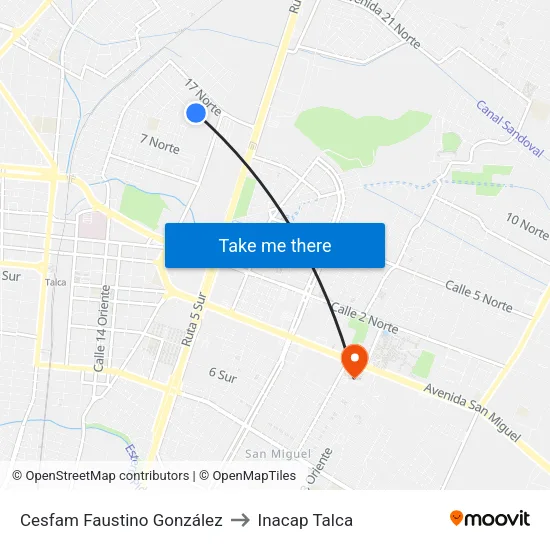 Cesfam Faustino González to Inacap Talca map