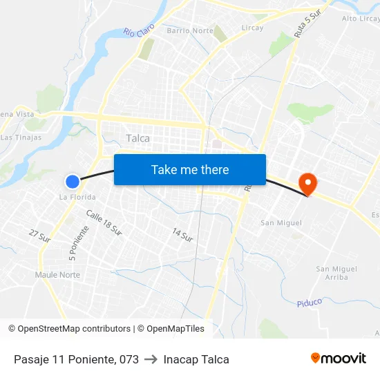Pasaje 11 Poniente, 073 to Inacap Talca map