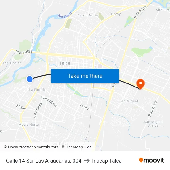 Calle 14 Sur Las Araucarias, 004 to Inacap Talca map