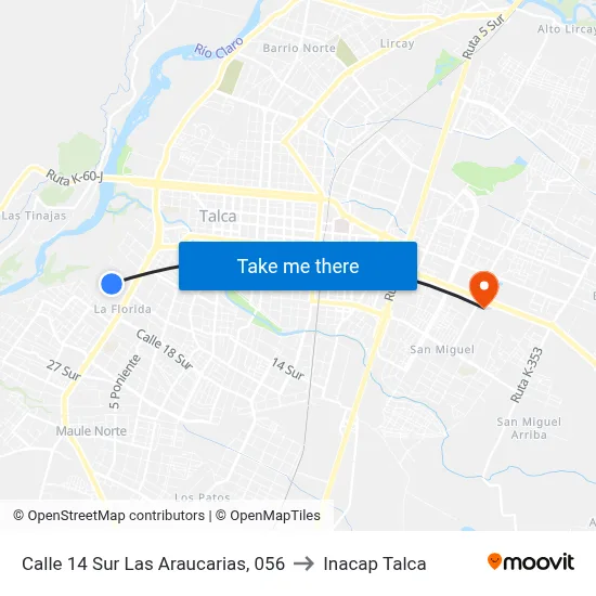 Calle 14 Sur Las Araucarias, 056 to Inacap Talca map