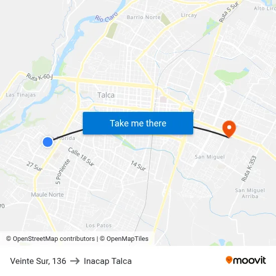Veinte Sur, 136 to Inacap Talca map