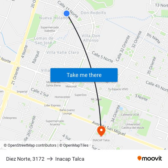 Diez Norte, 3172 to Inacap Talca map