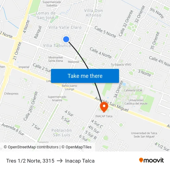 Tres 1/2 Norte, 3315 to Inacap Talca map