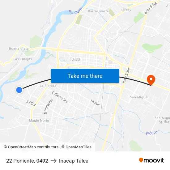22 Poniente, 0492 to Inacap Talca map