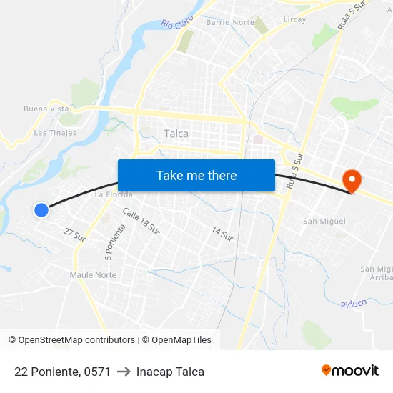 22 Poniente, 0571 to Inacap Talca map