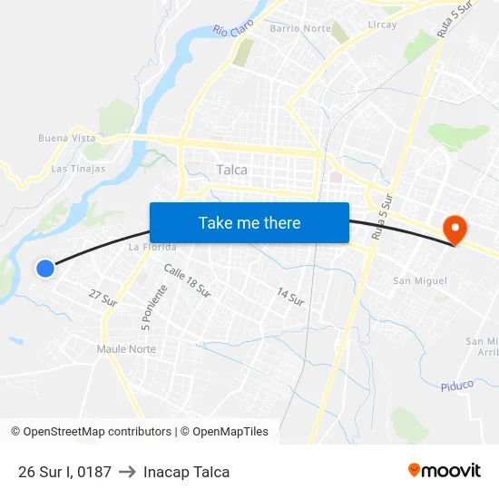 26 Sur I, 0187 to Inacap Talca map