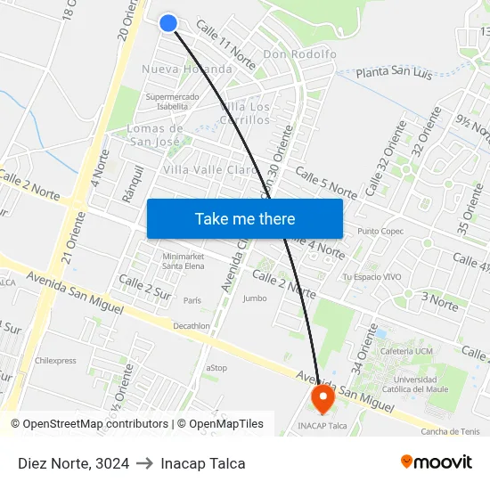 Diez Norte, 3024 to Inacap Talca map