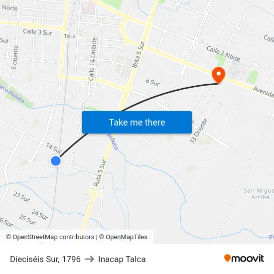 Dieciséis Sur, 1796 to Inacap Talca map