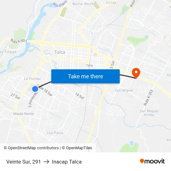 Veinte Sur, 291 to Inacap Talca map