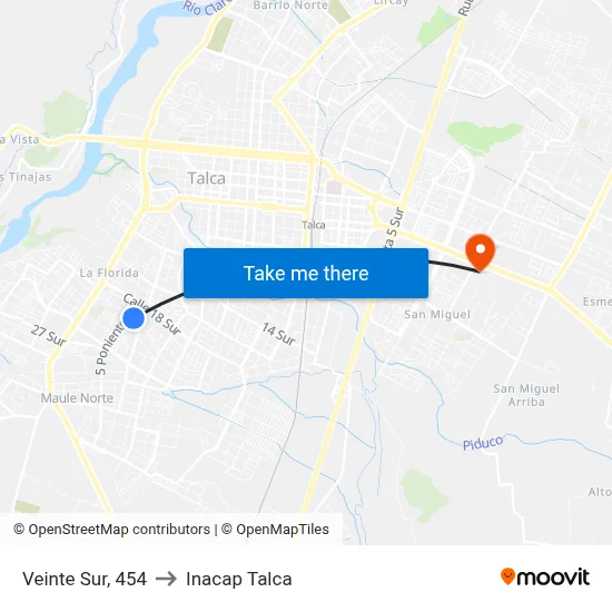 Veinte Sur, 454 to Inacap Talca map