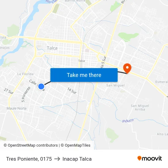 Tres Poniente, 0175 to Inacap Talca map