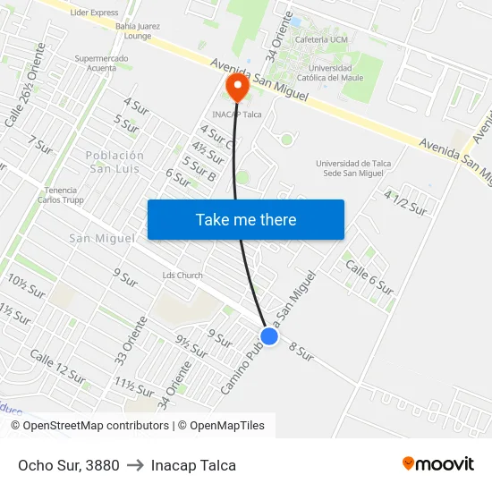 Ocho Sur, 3880 to Inacap Talca map