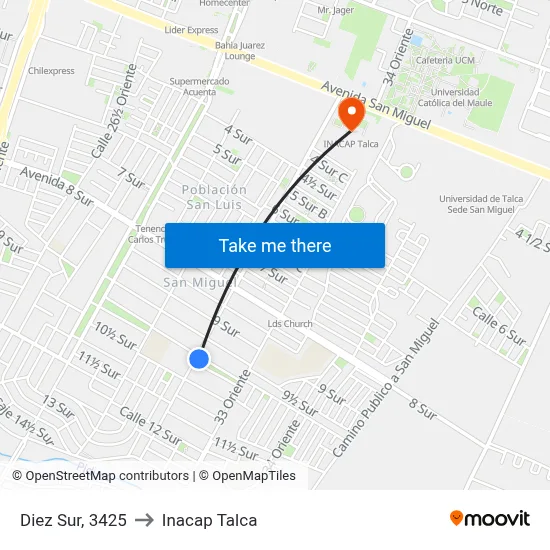 Diez Sur, 3425 to Inacap Talca map