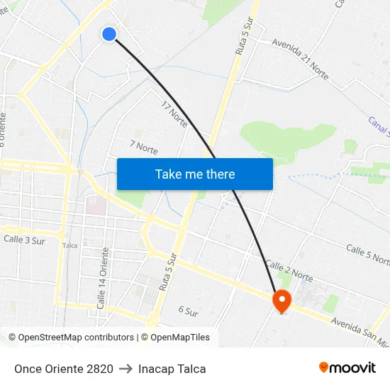 Once Oriente 2820 to Inacap Talca map