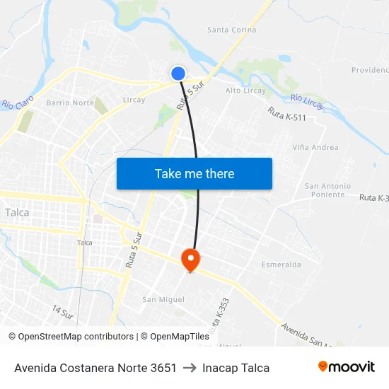 Avenida Costanera Norte 3651 to Inacap Talca map