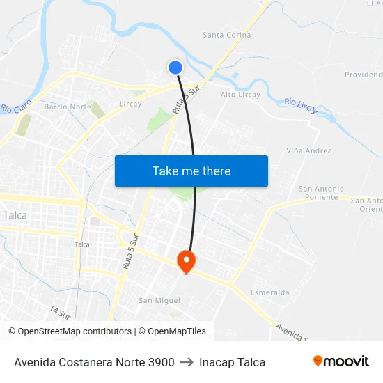 Avenida Costanera Norte 3900 to Inacap Talca map