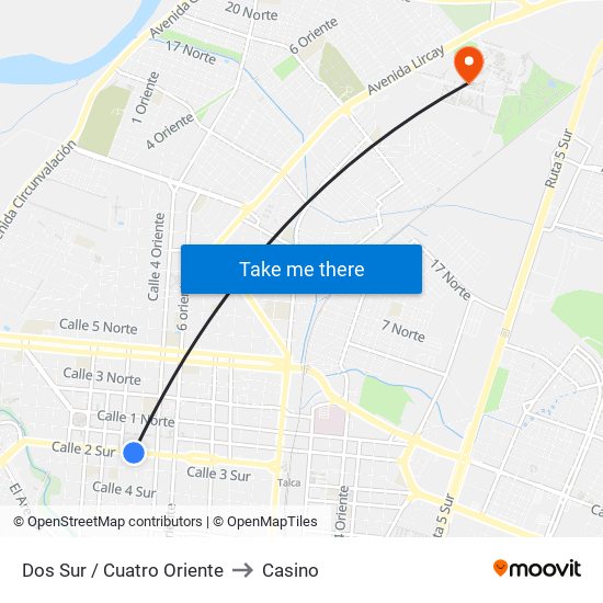 Dos Sur / Cuatro Oriente to Casino map