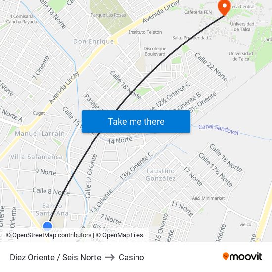 Diez Oriente / Seis Norte to Casino map