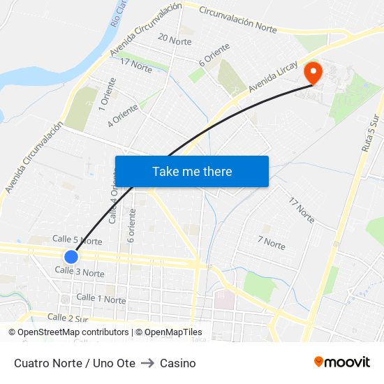 Cuatro Norte / Uno Ote to Casino map