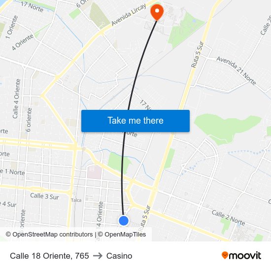 Calle 18 Oriente, 765 to Casino map